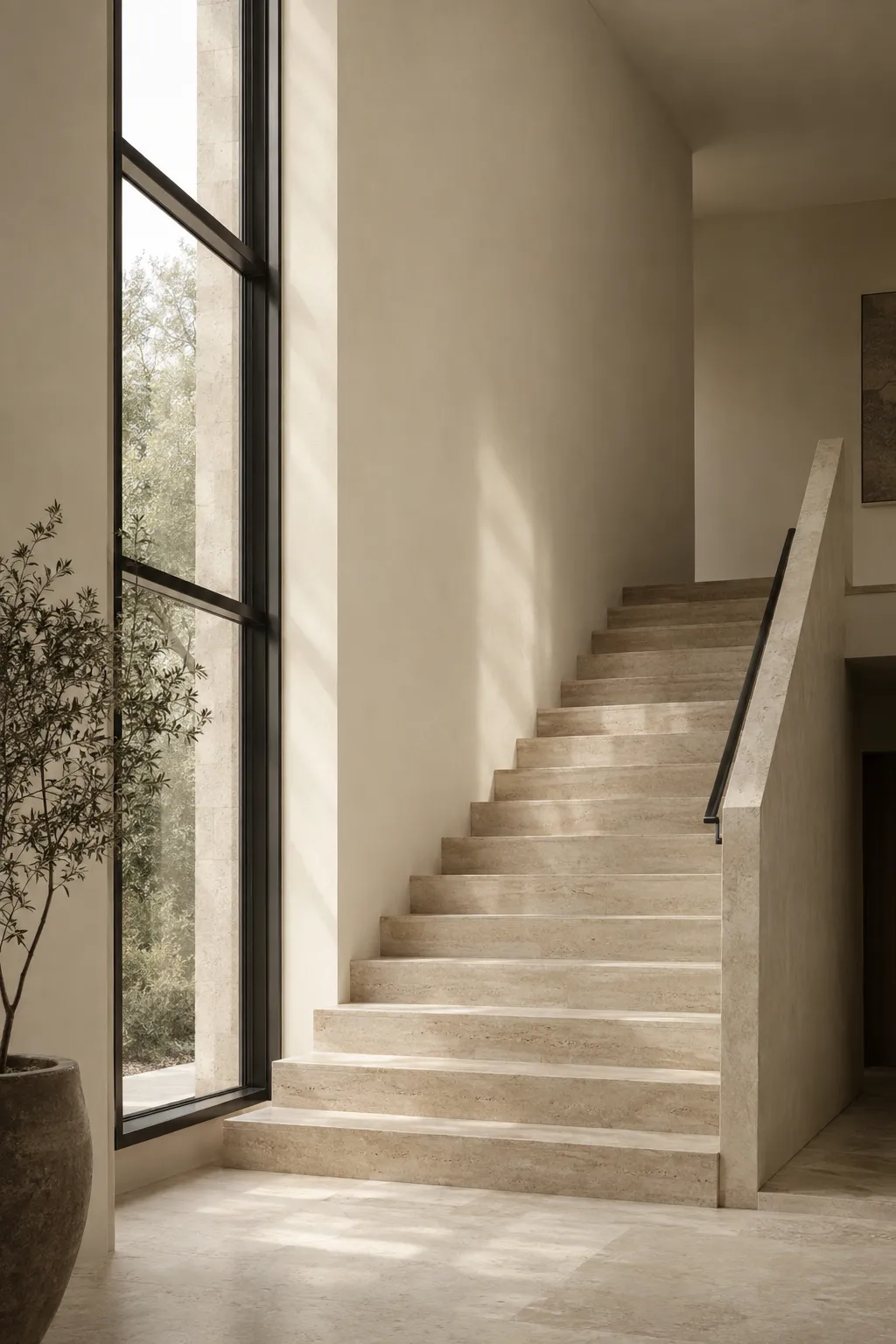 Late afternoon light falling across a limestone staircase beneath a tall window